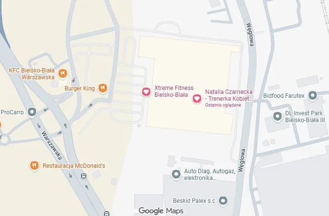Mapa dojazdu - Xtreme Fitness, Warszawska 180, Bielsko-Biała